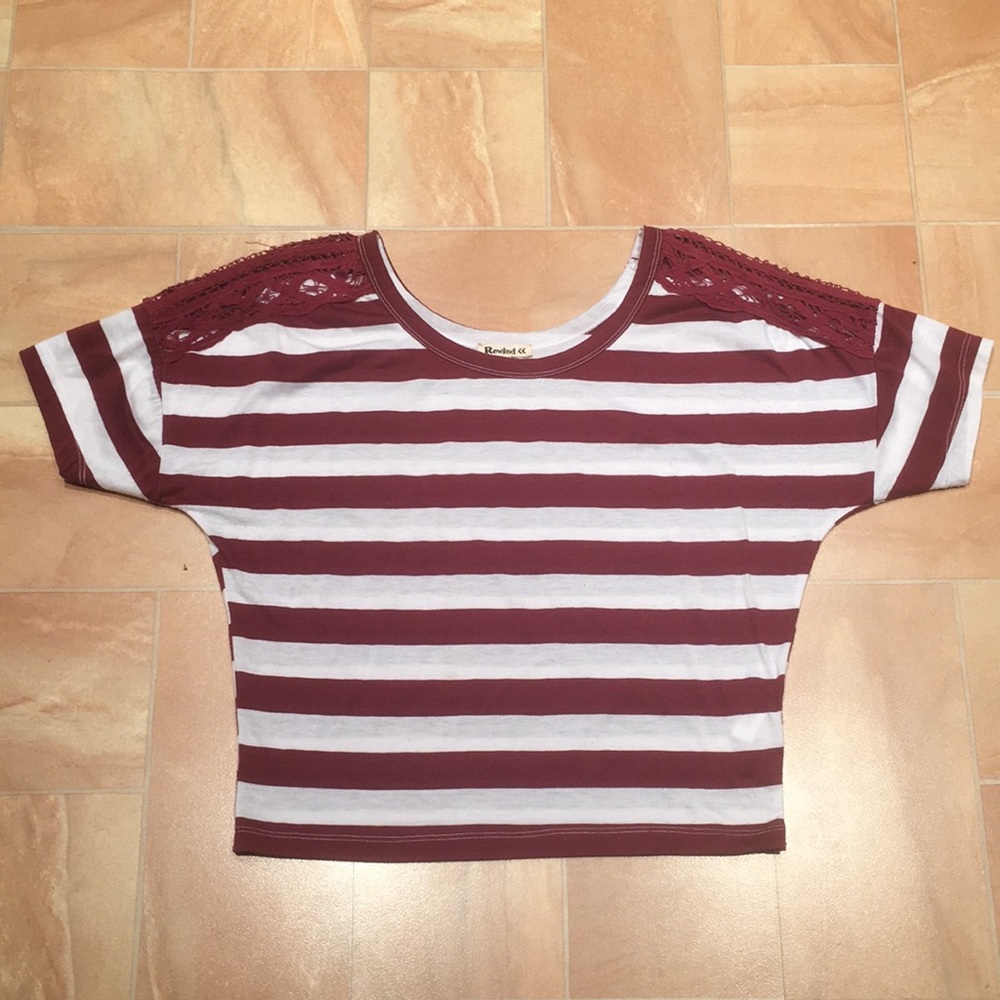 Rewind Women's Maroon Red & White Striped Short Sleeve Top